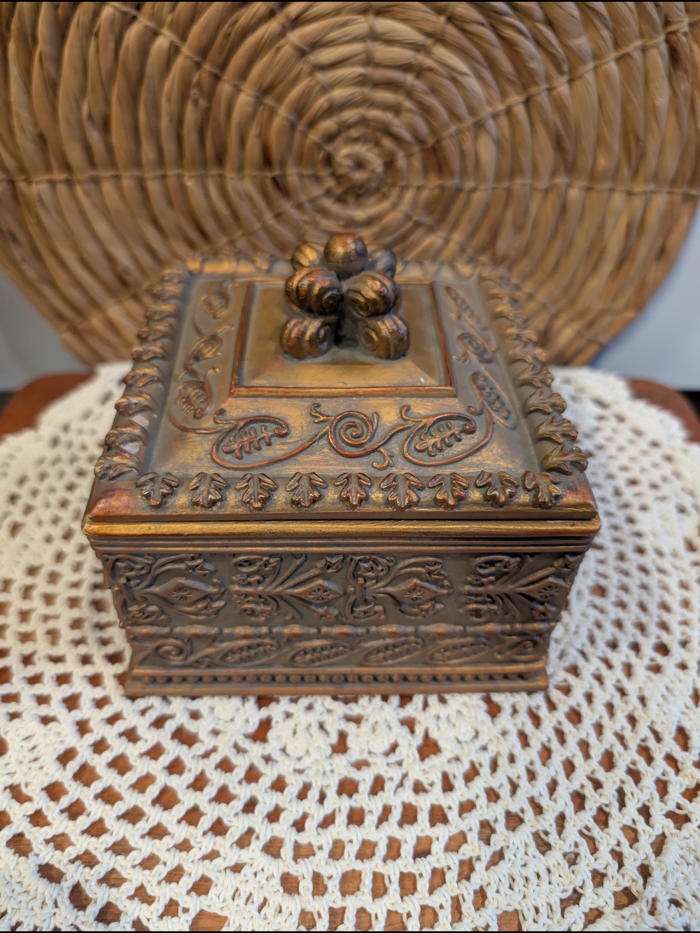 Ornate Decorative Ceramic Trinket Box - Antique Copper Finish Vintage